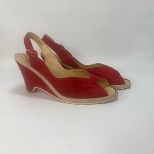 Nine West Womens Wedge Sandals Size 8.5 M Bright Red Suede Peep Toe Made Brazil